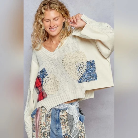 POL V neck Cream Floral Plaid print Oversized Sweater Top - Picture 1 of 6